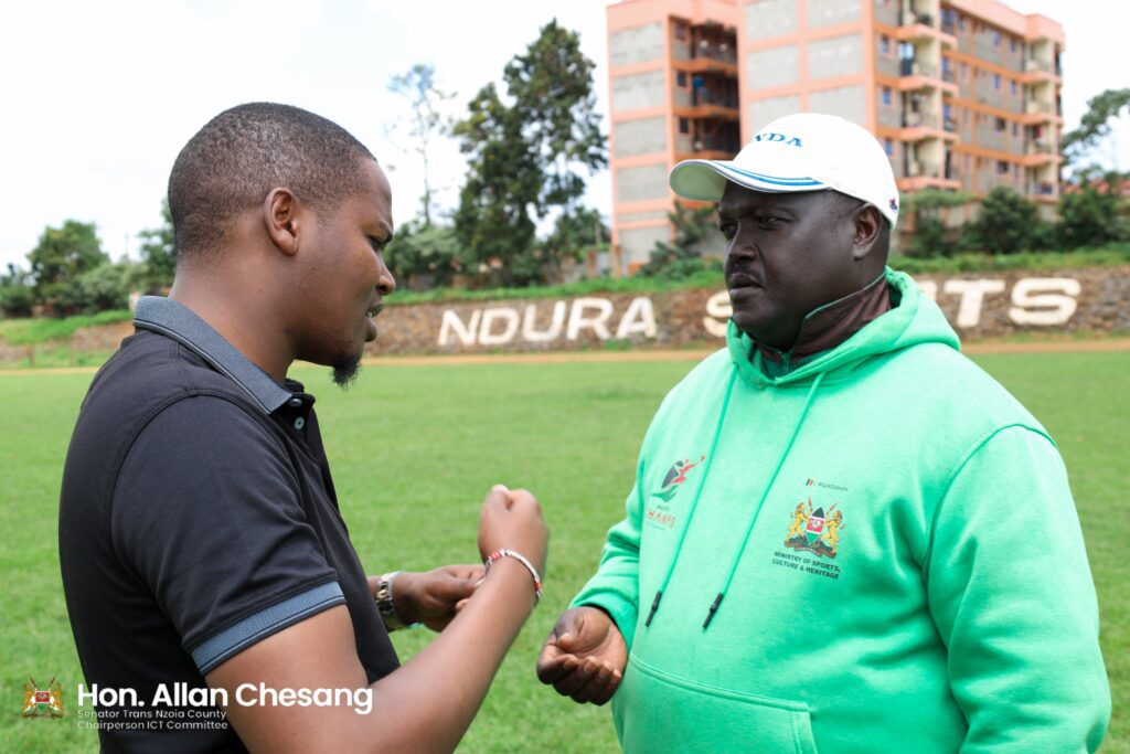 Senator Allan Chesang in the company of FKF official at Ndura Sports Complex